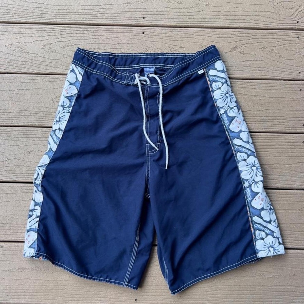 Vintage Y2K M&O Navy Men's 34 Board Shorts Hawaii Floral Surf